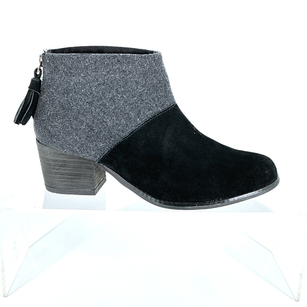 TOMS Size 8.5 Black Suede Grey Wool Tassel Ankle Boots Leila‎